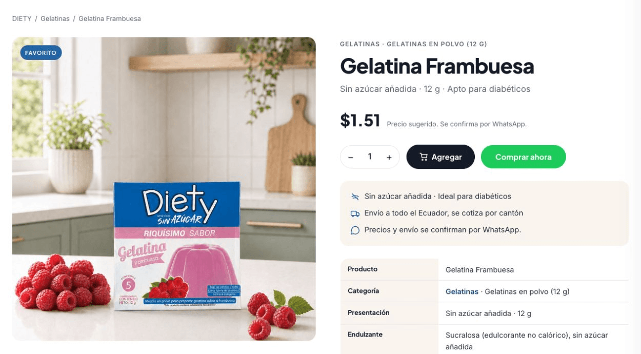 Fotografía y ficha de producto · DIETY Ecuador
