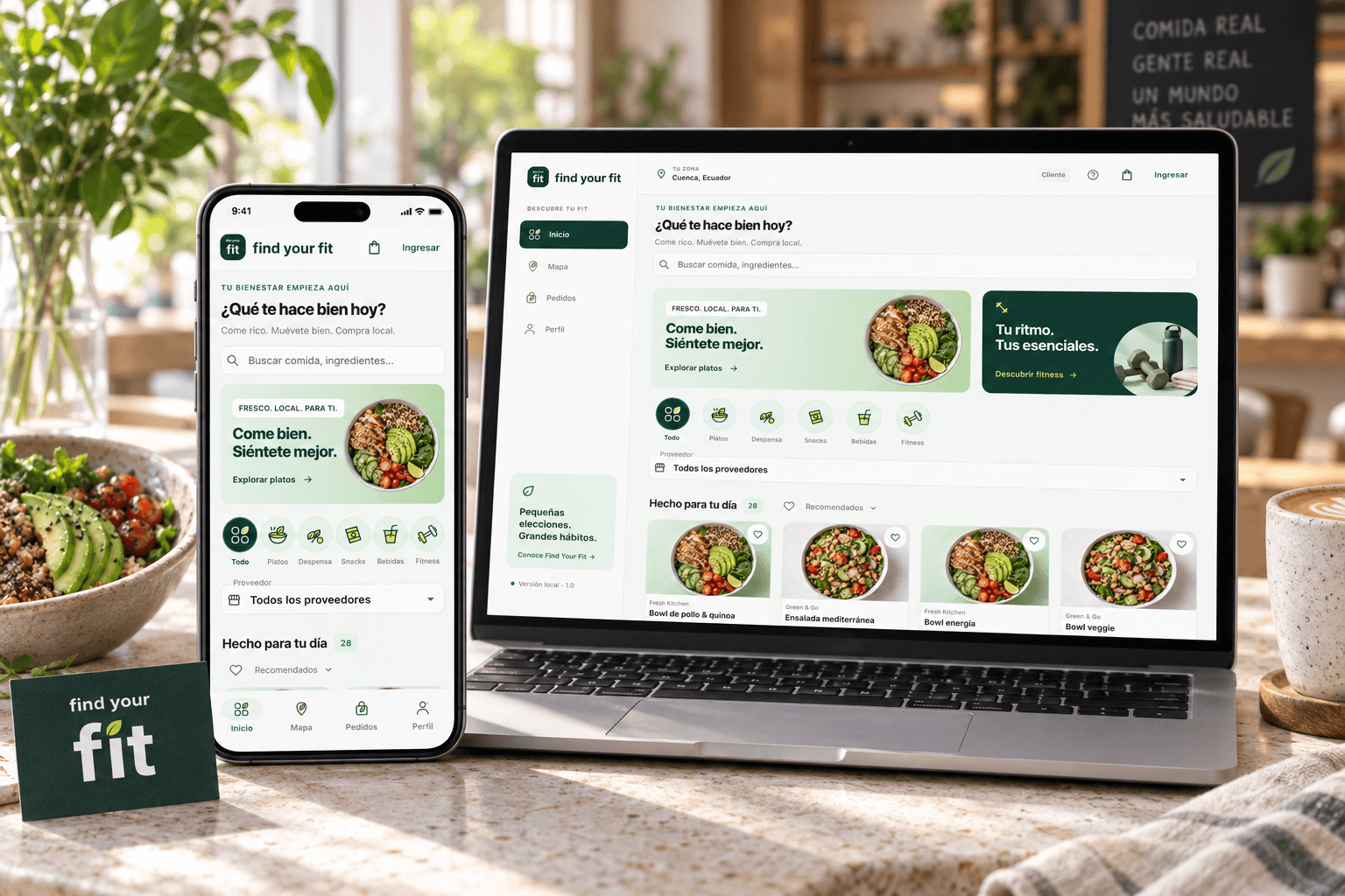 Mockup de la experiencia Find Your Fit en app y escritorio