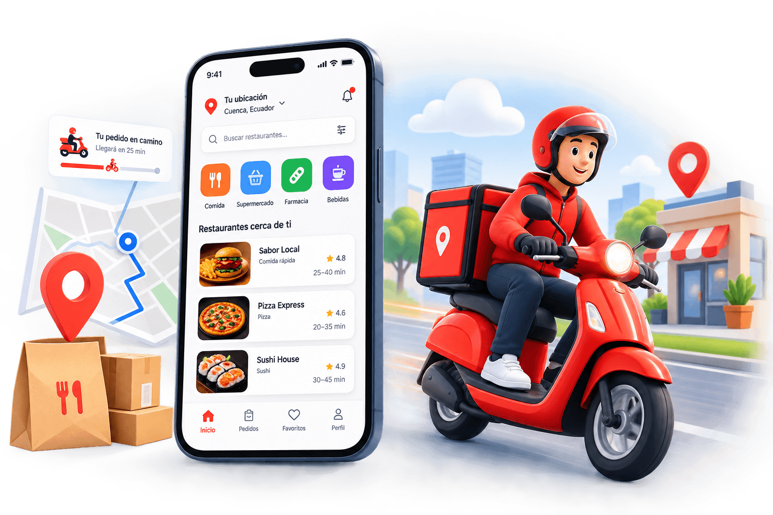 Delivery app on iPhone with a rider on a scooter and live order tracking on a map