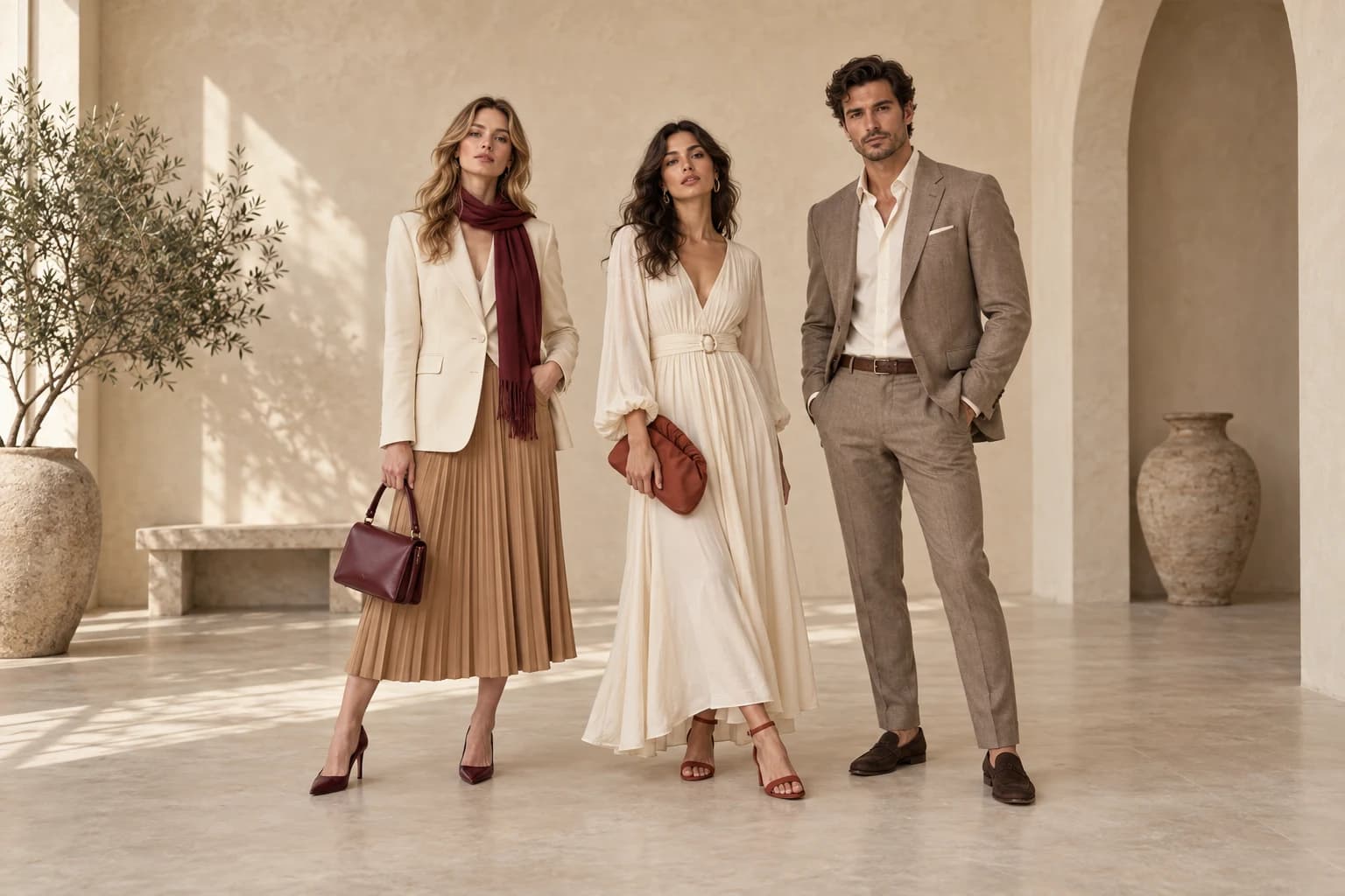 Tres modelos de colección en tonos crema, camel y burdeos, ejemplo de una tienda de moda